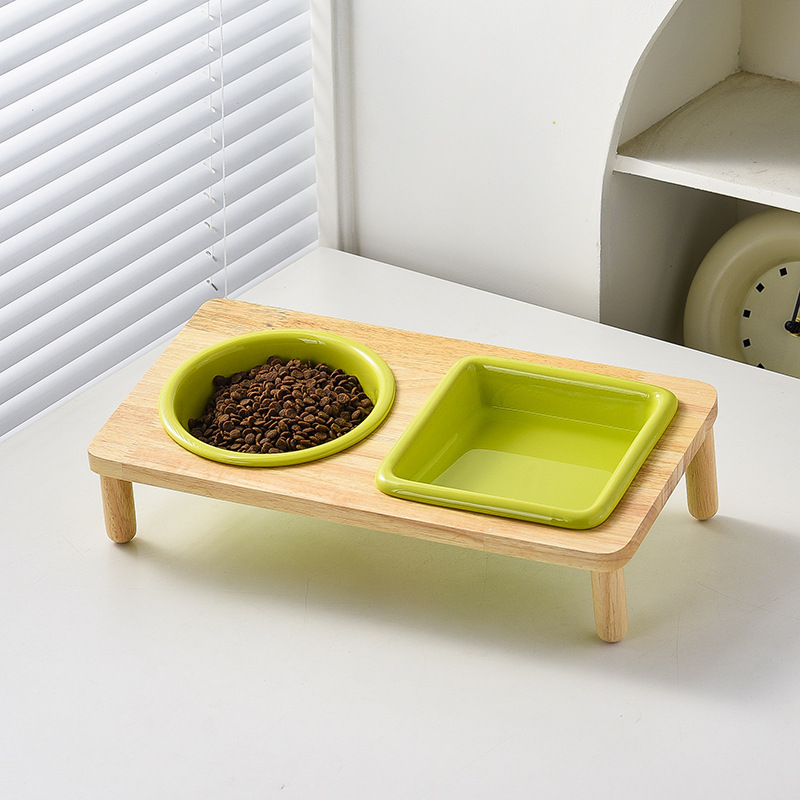 Comedero Doble para Mascotas de Cerámica con Soporte de Madera para Gatos