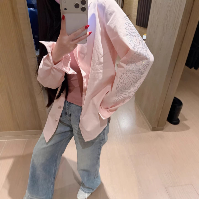 2026 Spring and Autumn New Trendy Brand Sanskrit Rhinestone Disc Cross Shirt Jacket for Women, Loose Mid-Length Bf Shirt