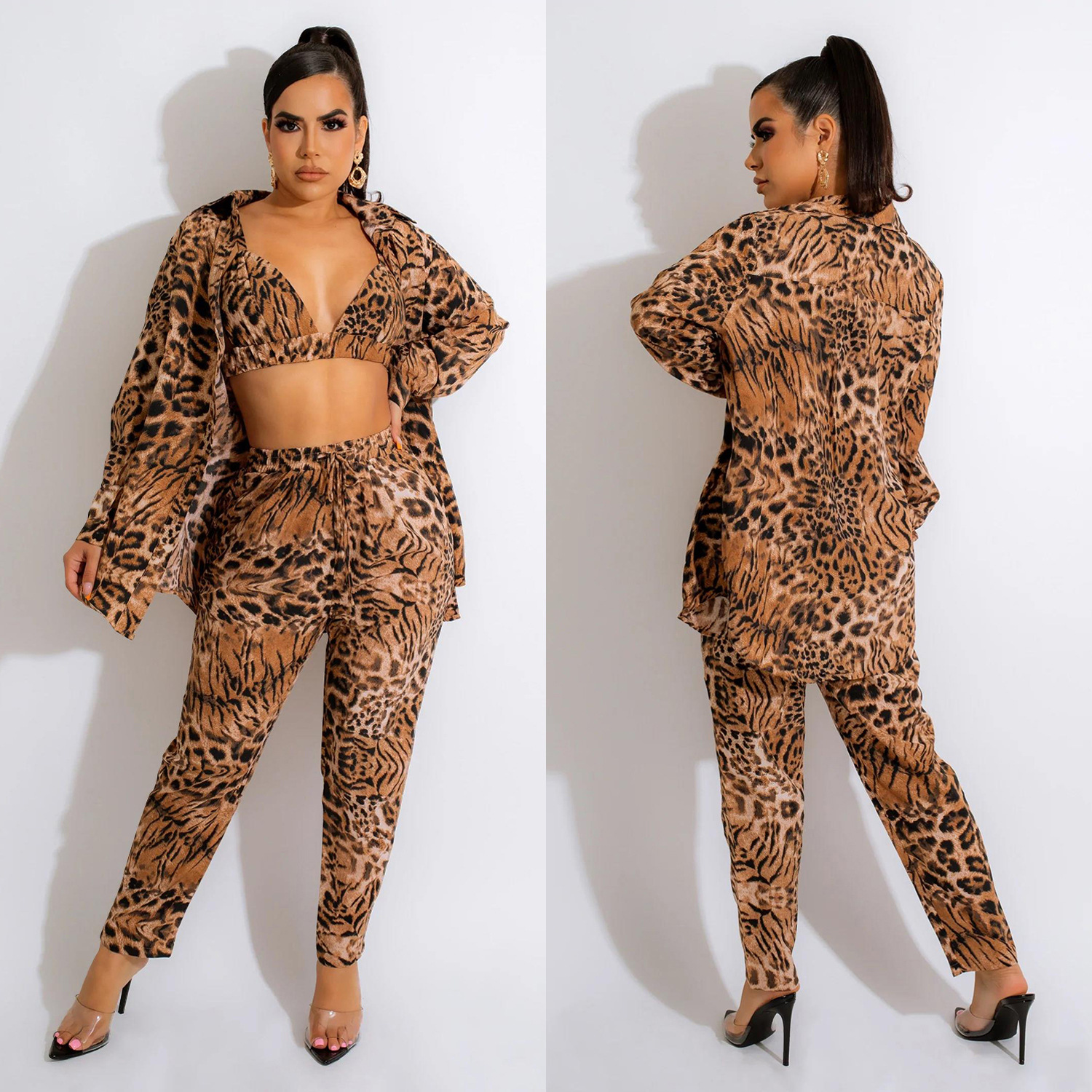 Women's Clothing fashion women's long sleeved collared jacket lined trousers three piece set_voghion.com