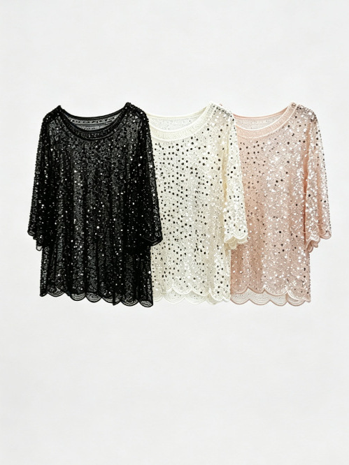 Heavy-duty sequin and beaded mid-sleeve top for women, light luxury mesh sequin loose pullover stylish blouse