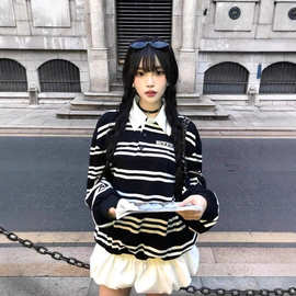 POLO领黑条条纹长袖t恤女2025新款秋季穿搭上衣条纹长袖t恤韩版