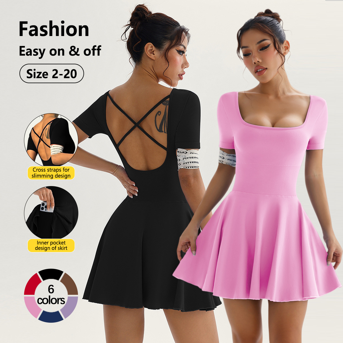 Muyao Beauty Backless Golf Yoga One-Piece Dress with Shorts, Short-Sleeve Tennis Dress, Tennis Skirt