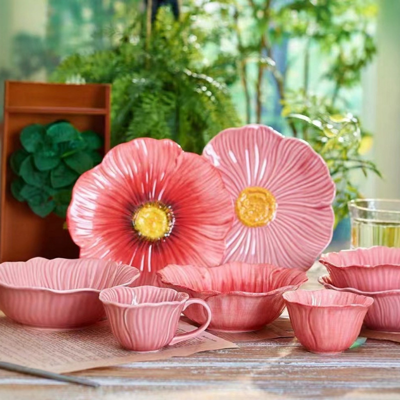 Petal Set Ceramic Tableware Ins Style Household Dish Plate Snack Plate Cake Plate Office Afternoon Tea Cup Flower Bowl