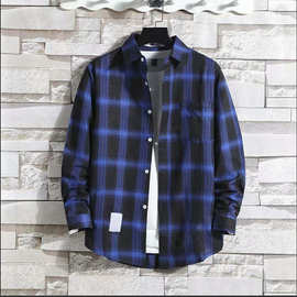 春秋薄款格子长袖衬衫男宽松ins潮流韩版衬衣男士工地干活工作服