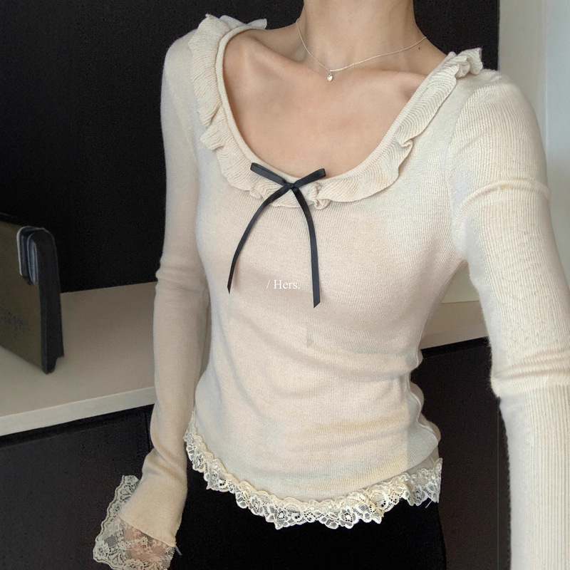 Hers One Scoop Sweet Autumn French Retro Lace Stitching Bow Easiest for Match U-Neck Long Sleeve Sweater Women 92421
