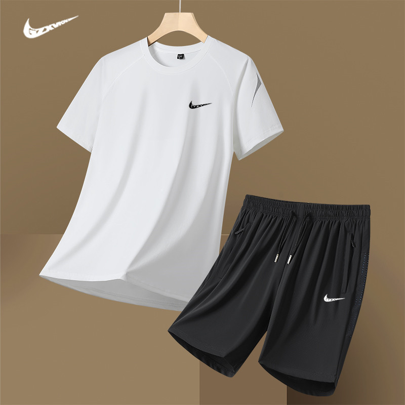 New Trendy Brand Sportswear Men's Suit Summer Ice Silk Quick-Drying Casual Short-Sleeved Shorts Men's Outfit Set with a Stylish Look