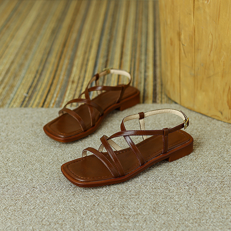Sandal La Mã dệt cổ điển nữ quai ngang đế bệt — Màu nâu chi tiết 12