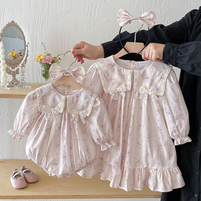 2026 Long-Sleeve Baby Clothes for Girls, New Autumn Style Triangle Romper, Girl's Doll Collar Princess Dress, Sister Matching Outfits