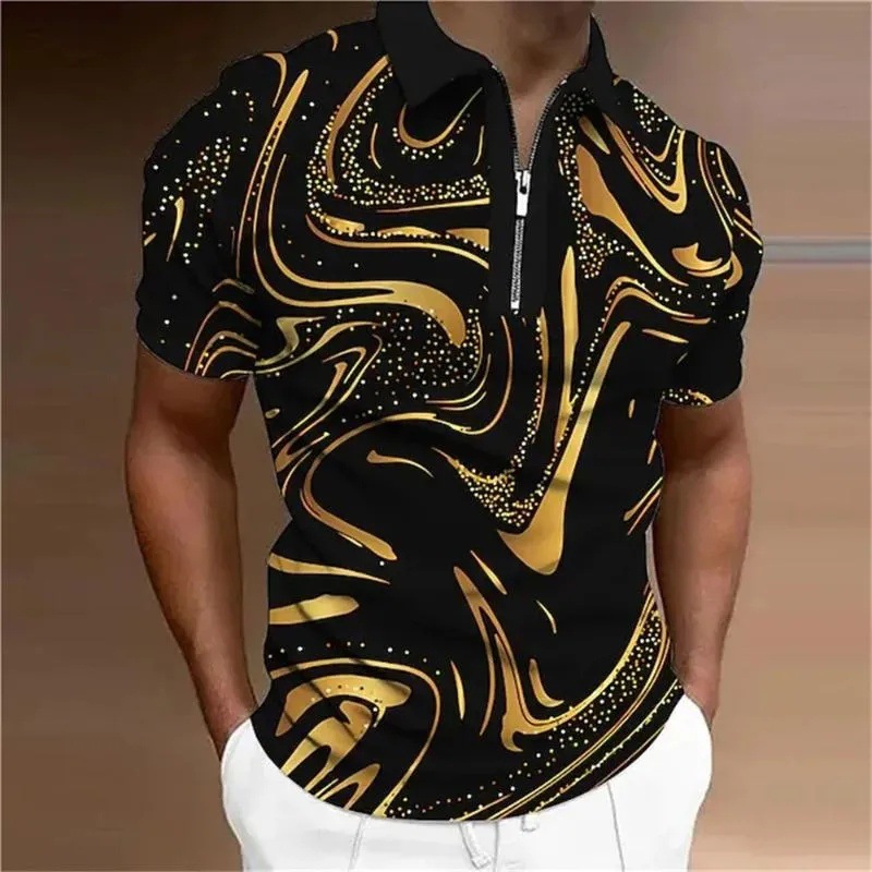 2024 venta caliente personalidad moda impresión 3D hombres verano calle suelta solapa manga corta cremallera camisa POLO