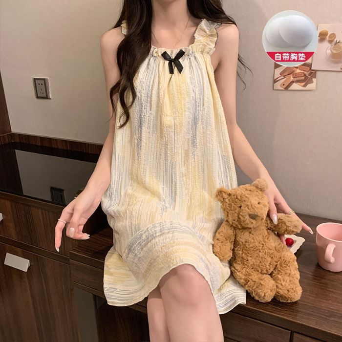 Venta al por mayor transfronteriza nuevo estilo verano honda almohadilla para el pecho pijama mujer lindo dulce y cómodo paño arrugado burbuja camisón de longitud media