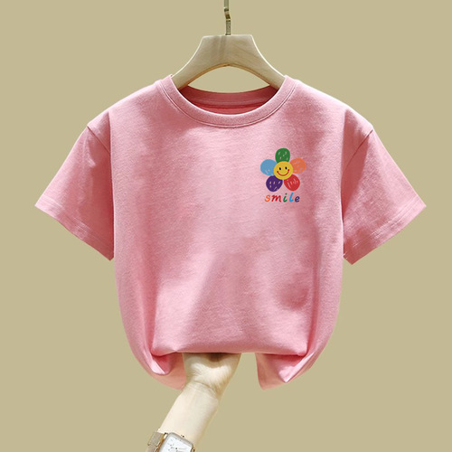 2417 100% Cotton Children's Short Sleeve T-Shirt for Girls Summer Outfit 2025 Base Shirt for Toddlers, Kids, and Teens Trendy and Stylish