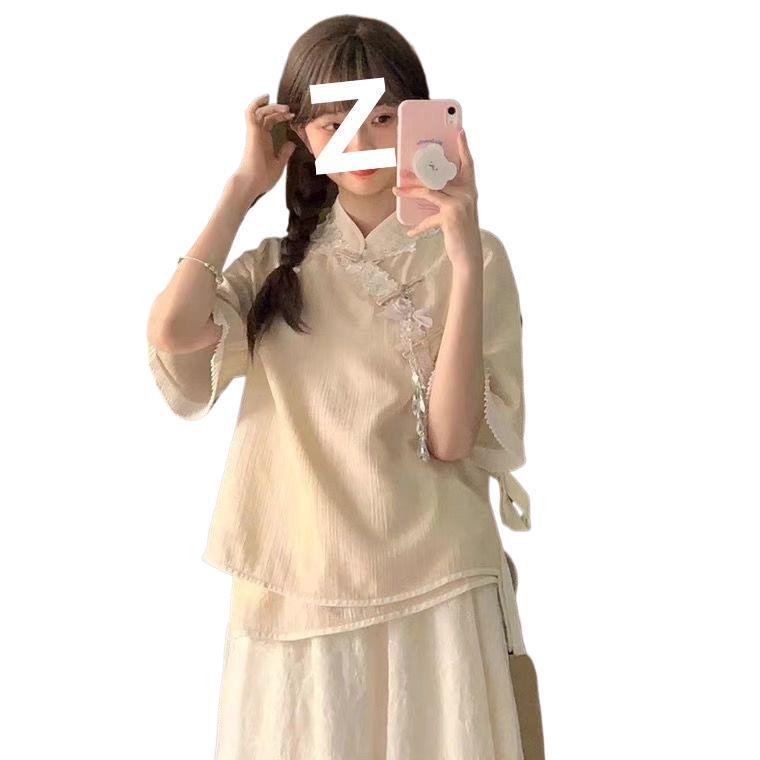 新しい中国風のトップスとスカートのツーピーススーツ夏改良された漢服漢要素の優しいドレス|undefined