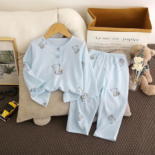 Summer New Cartoon Children's Sleepwear Thin Cotton Long-Sleeved Long Pants Set Boys Home Girl Summer Air Conditioning Clothes