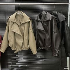 2025新款设计女装翻领皮衣外套女小众设计宽松复古休闲夹克上衣