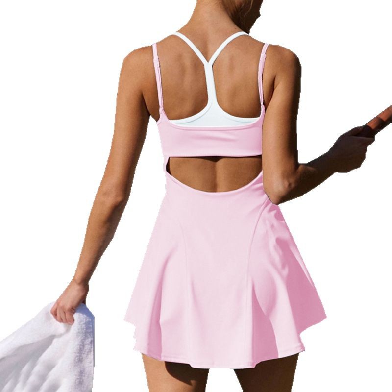 Falda de una pieza de yoga para mujer con almohadilla para el pecho a juego, alta elasticidad, secado rápido, hermosa espalda, ejercicio antiiluminación, correr, fitness, falda de tenis