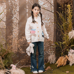 Women's Knit Cardigan Autumn Outfit 2024 New Trendy Children's Coat Spring and Autumn Knitwear for Older Children with Cartoon Design