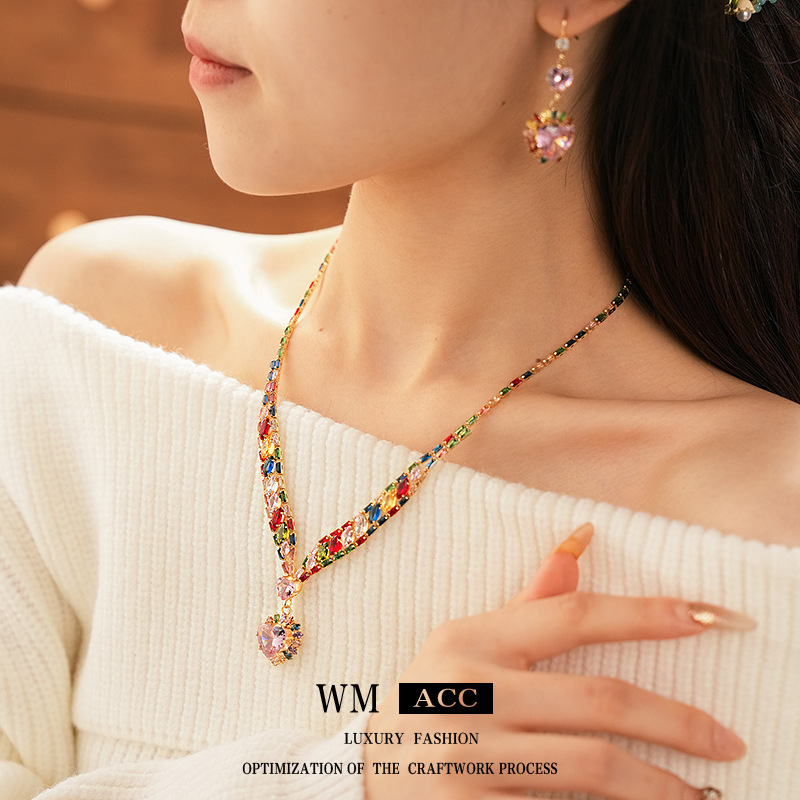 Collar colgante de amor de circón de color Collar dulce y único de alta gama coreano Conjunto de joyería de princesa de moda image 3
