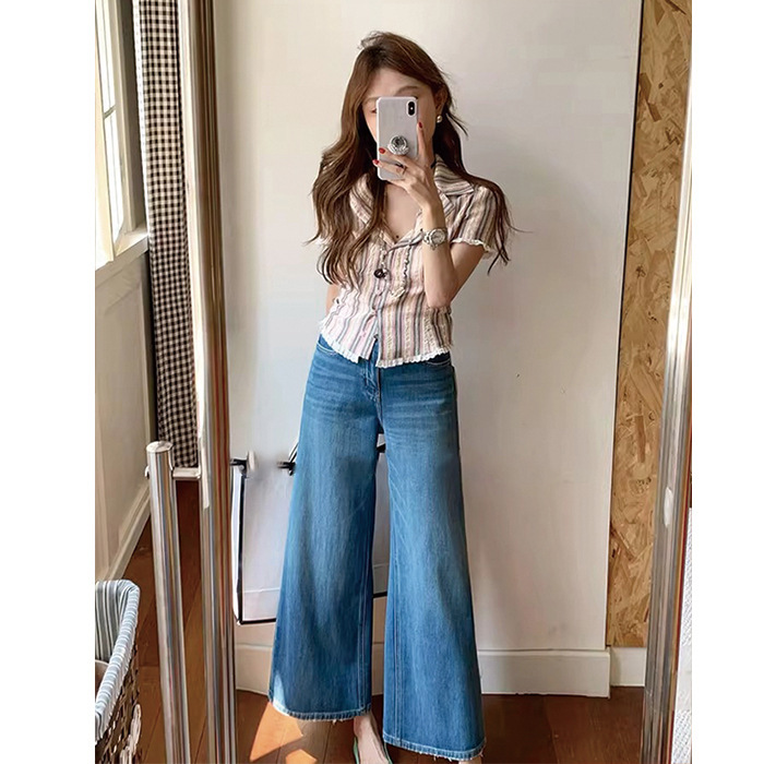 牛仔裤女2025新款高腰奶奶裤夏薄款小个子浅蓝色九分阔腿宽松显瘦|undefined