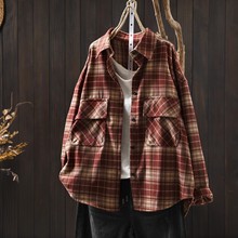 秋冬宽松大码女装格子衬衫双口袋磨毛复古百搭宽松休闲衬衣外套