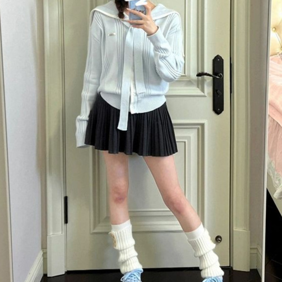 Sheep Velvet # Autumn Wear Korean Blue Navy Collar Sweater Women's College Style Sweater Slimming Cardigan Top