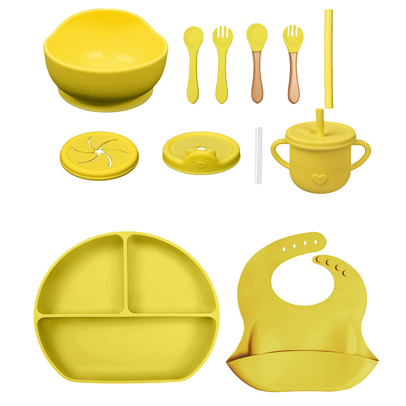 Conjunto de cubiertos para niños tazón de alimentos suplementarios platos de silicona tazón de cuchara de tenedor bib taza de agua de grado alimenticio para bebés alimentación suplementaria