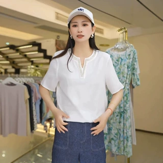 6107#现货桑蚕丝小衫V领镶珠设计款小v领衬衣时尚遮肚桑蚕丝T恤女