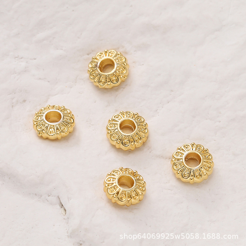 18k matte gold color preservation ancient method gold complex ancient pattern flower holder beads UFO 6mm bracelet necklace diy jewelry accessories
