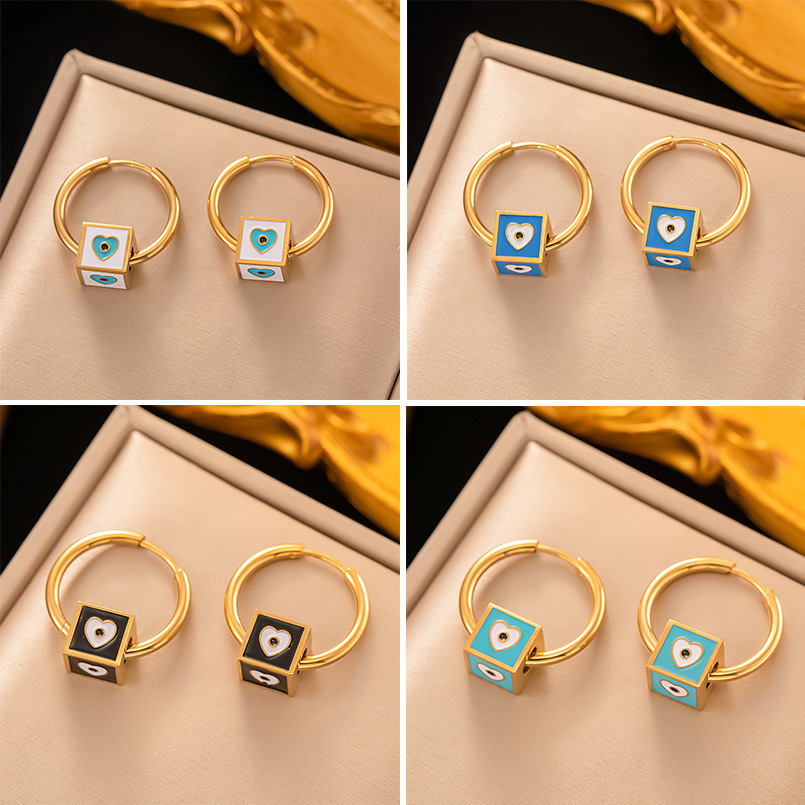 Square, Heart Shape, Eye Pattern Women'S Gender 1 Pair Artistic Square Heart Shape Eye Enamel Plating 304 Stainless Steel 18K Gold Plated Hoop Earrings