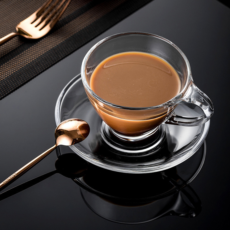 Juego de taza y platillo de café de cristal estilo europeo, transparente, creativo, de alta calidad, con asa, taza de té, taza de agua, taza de leche grabada, diseño simple.