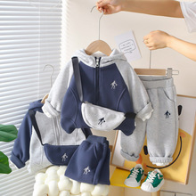 男童秋冬挎包卫衣套装2025新款儿童宝宝韩版加绒连帽拉链衫两件套