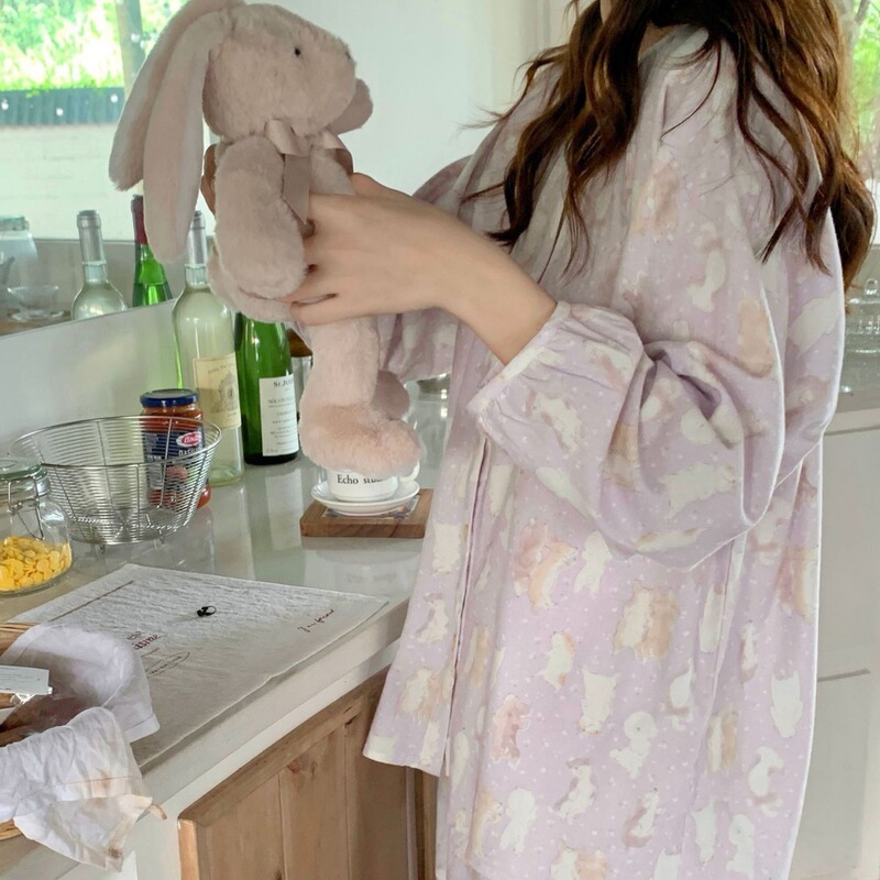 Autumn and Winter New Style Cotton Brushed Ins Style Soft Loose Cardigan Home Clothes Purple Wealth Dog