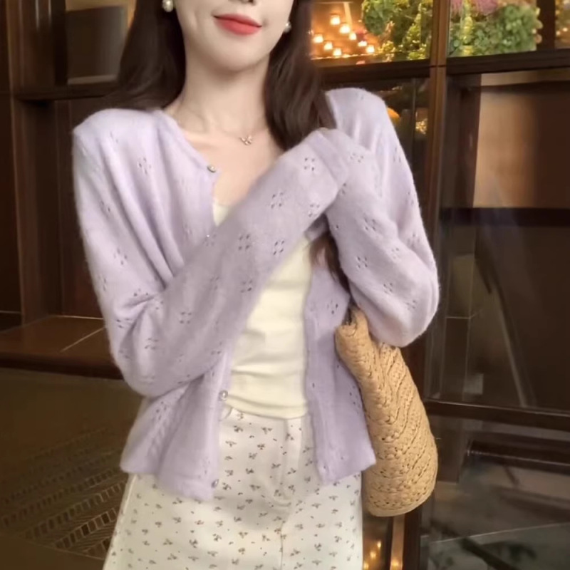 Sweet Girl's Hollow-Out Knit Sweater, Purple Cardigan for Women, Spring and Summer Korean Style, Gentle Style, Light Purple Top for Petite Figures