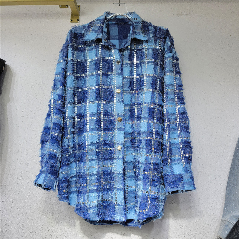 Blue Chanel style plaid coat for women 2023 New loose all-match rhinestone fried street long sleeve shirt small