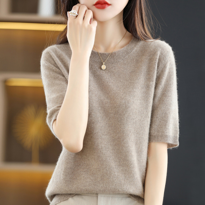New Knitted Short-sleeved Loose T-shirt Inner Sweater Non-cashmere Base Shirt Spring and Autumn Summer Short Half-sleeved Top