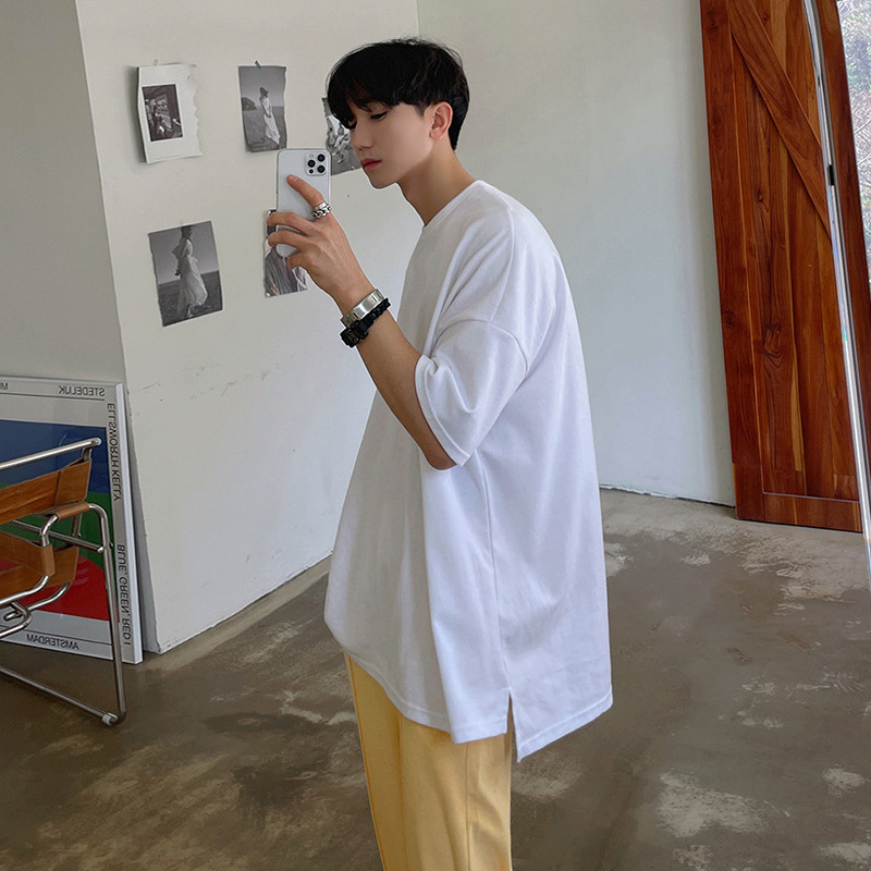 MYQRound Neck Short-sleeved T-shirt Men's Summer Korean Style Loose Cotton Solid Color Loose Half-sleeved Slit T-shirt Top