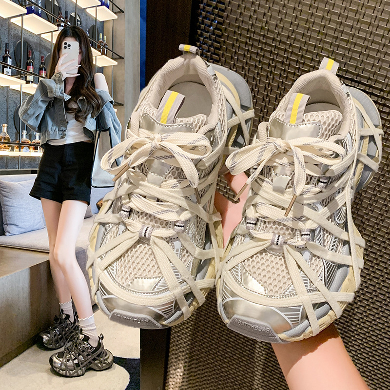 轮胎底老爹鞋女鞋2025年新款运动鞋松糕厚底绑带小众休闲鞋