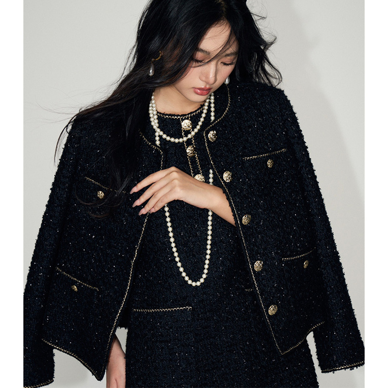 【Shengdu】26 Spring New French-Style High-End Tweed Short Wool Coat with Shiny Silk Weaving