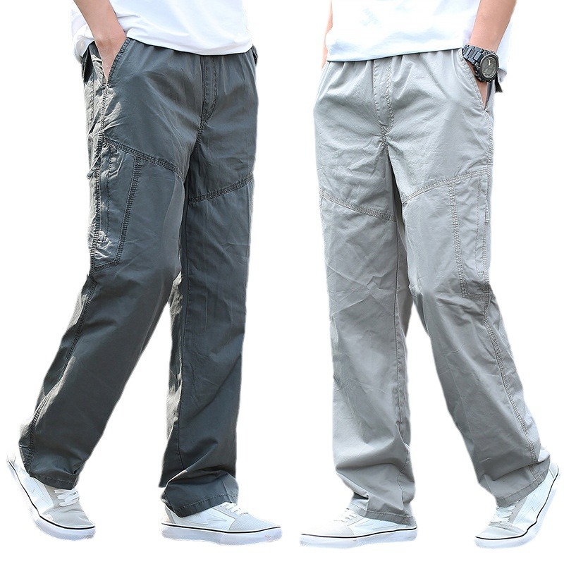 Summer Thin Pure Cotton Casual Pants for Men, Loose Outdoor Multi-Pocket Cargo Pants, Plus Size, Straight-Leg, Breathable