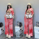 Foreign trade tie-dyed fashion suit women's new loose bear printed short-sleeved wide-leg pants fashionable fashionable two-piece suit summer