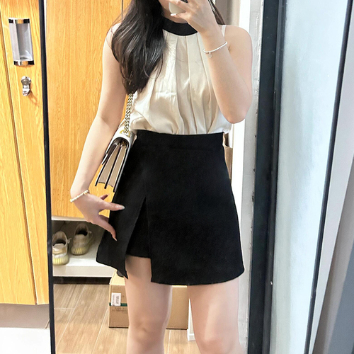 Black split suit and short skirt, women's summer large size fat mm, belly-covering, slimming pear shaped figure, high-waist a-line skirt