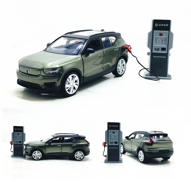 彩珀成真沃尔沃XC40新能电动汽车合金车模型带充电桩开门语音玩具