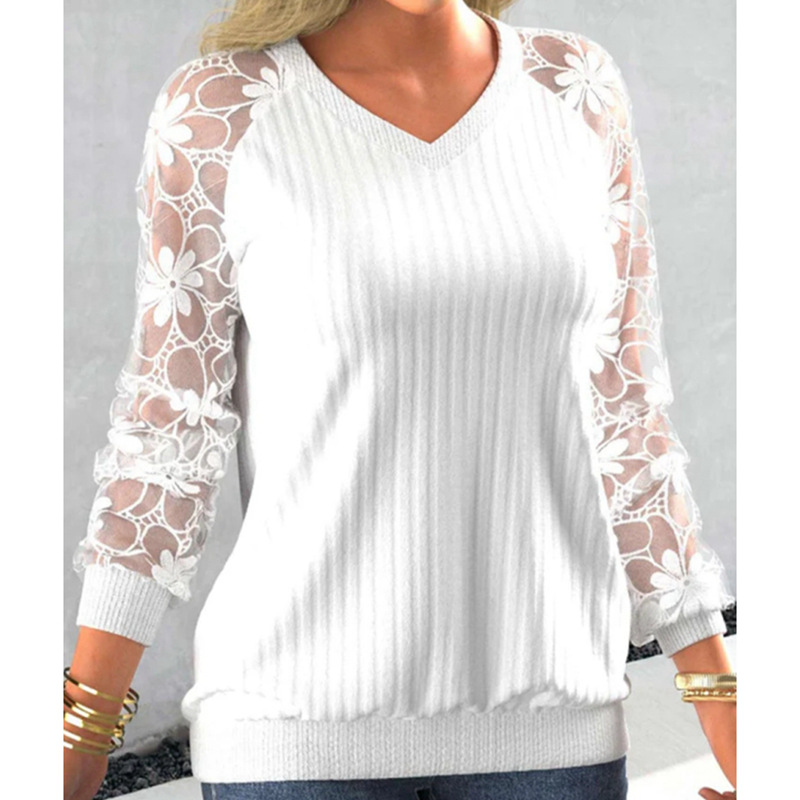 Women's Long Sleeved Lace Sweater Autumn And Winter Solid Colour_voghion.com