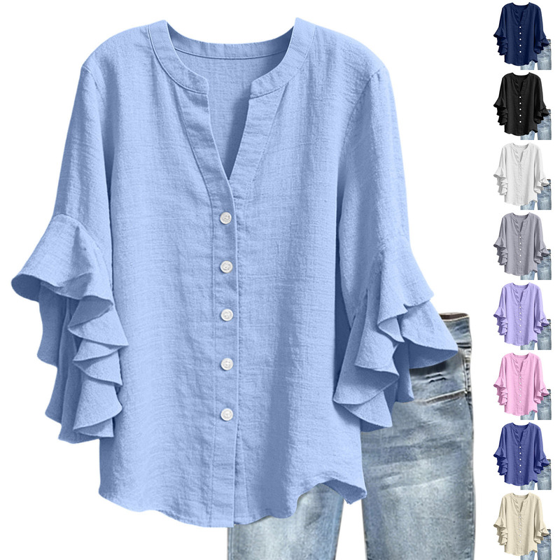 2024 New European and American Style Cotton and Linen Shirt for Women, Loose V-Neck Buttoned Long-Sleeved Ruffled Casual Versatile Top
