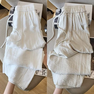 仿棉麻阔腿裤天丝裤子女夏季薄款高腰松紧显瘦垂感休闲冰丝女裤