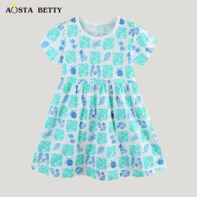 夏季新款女童连衣裙欧美风时尚印花儿童公主裙针织棉圆领短袖童裙