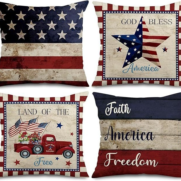 Transfronterizo Día de la Independencia de Amazon impresión lino almohada funda aniversario para celebrar el hogar vestido almohada funda mayorista