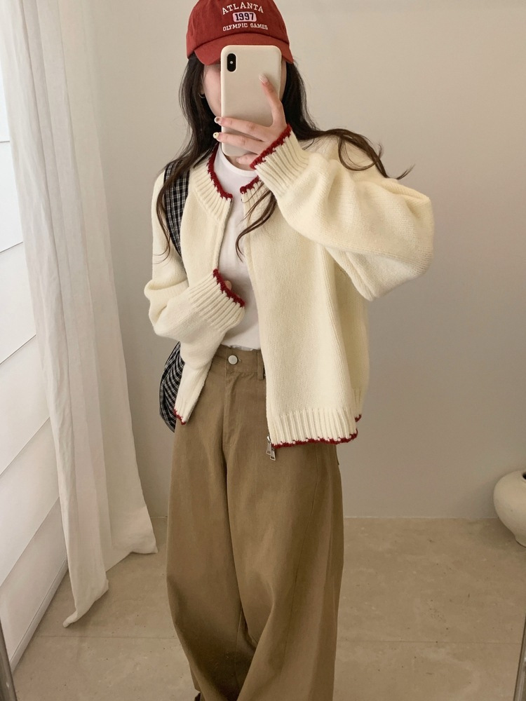 Shunene Premium Korean Style Color-Block Round Neck Double Zipper Knitted Cardigan Spring and Autumn Soft Sweater Jacket for Women