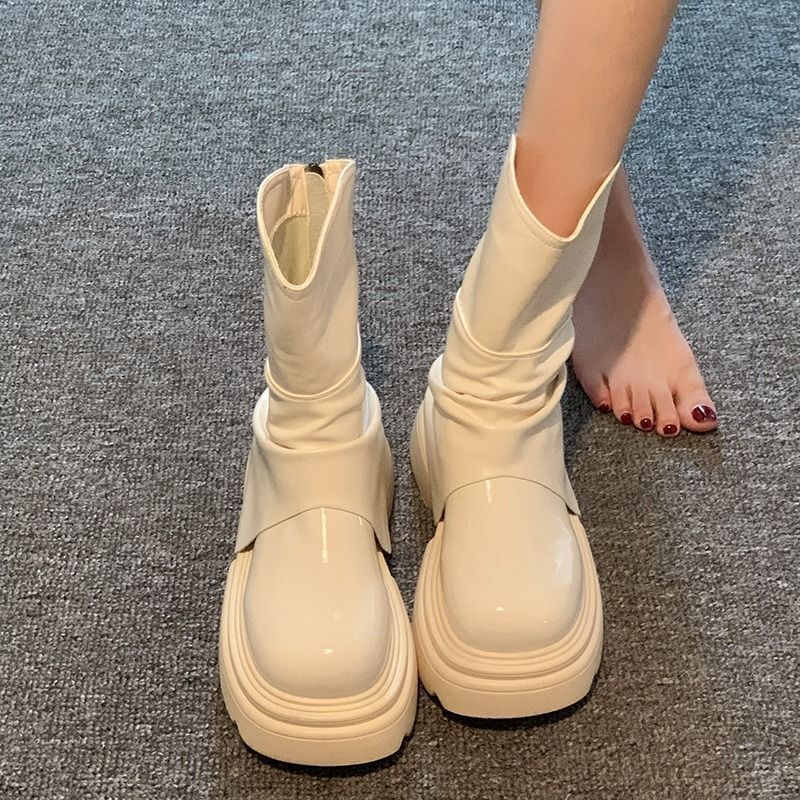 White Short Boots for Women, Thick-Soled Petite Martin Boots, 2025 New Style with Ruched Leg, V-Cut Height-Increasing Slim Boots White Short Boots for Women, Thick-Soled Petite Martin Boots, 2025 New Style with Ruched Leg, V-Cut Height-Increasing Slim Boots