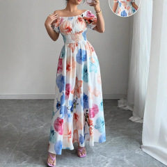 欧米のクロスボーダー夏の婦人服の新型プリントロングワンピースアマゾン