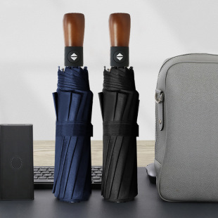 Ten-bone original wooden handle automatic umbrella windproof high-end business folding umbrella 210T lettering double automatic umbrella